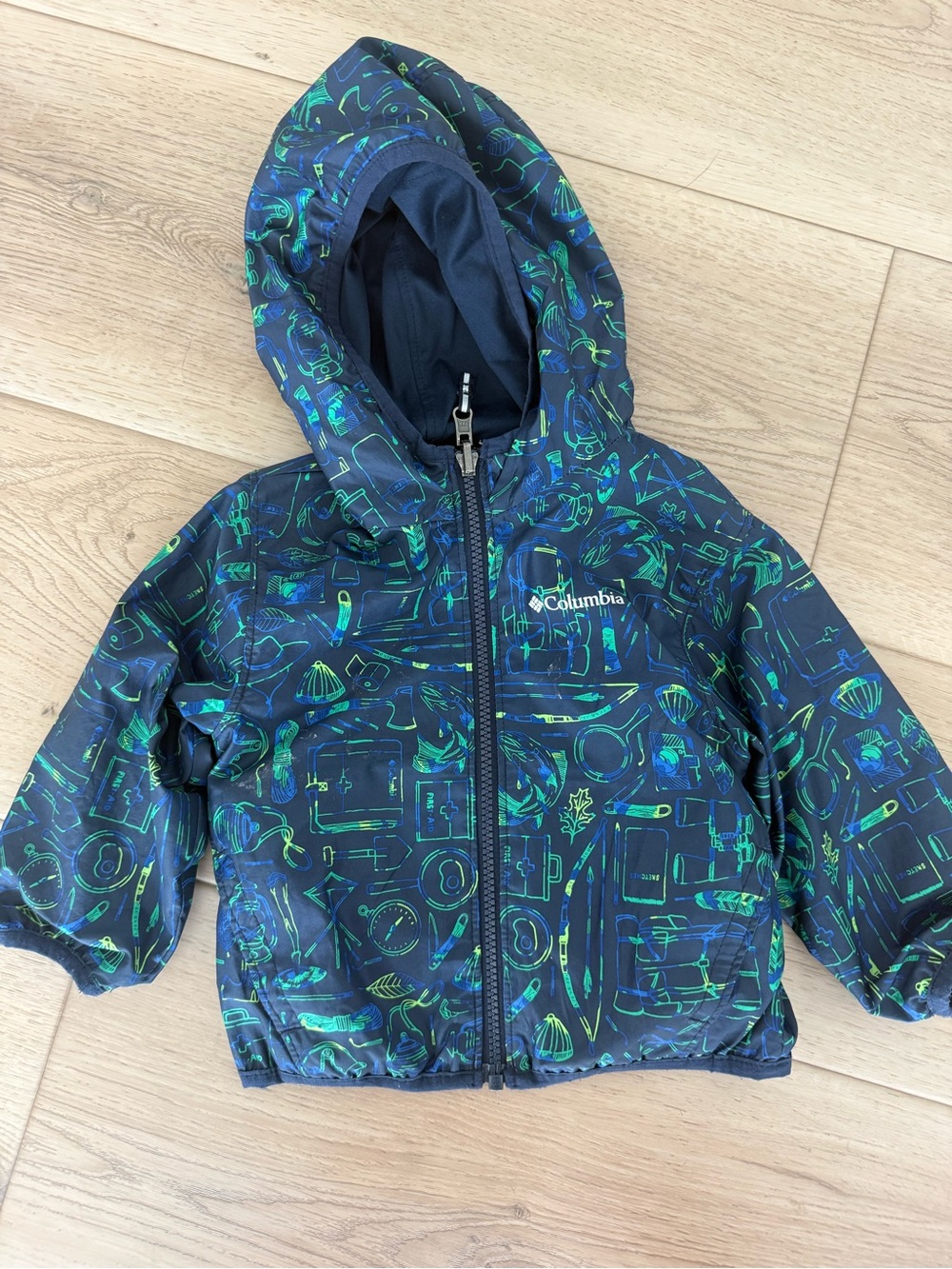 Columbia Navy Blue Jacket with Green Adventure Print - Kids Hooded Puffer